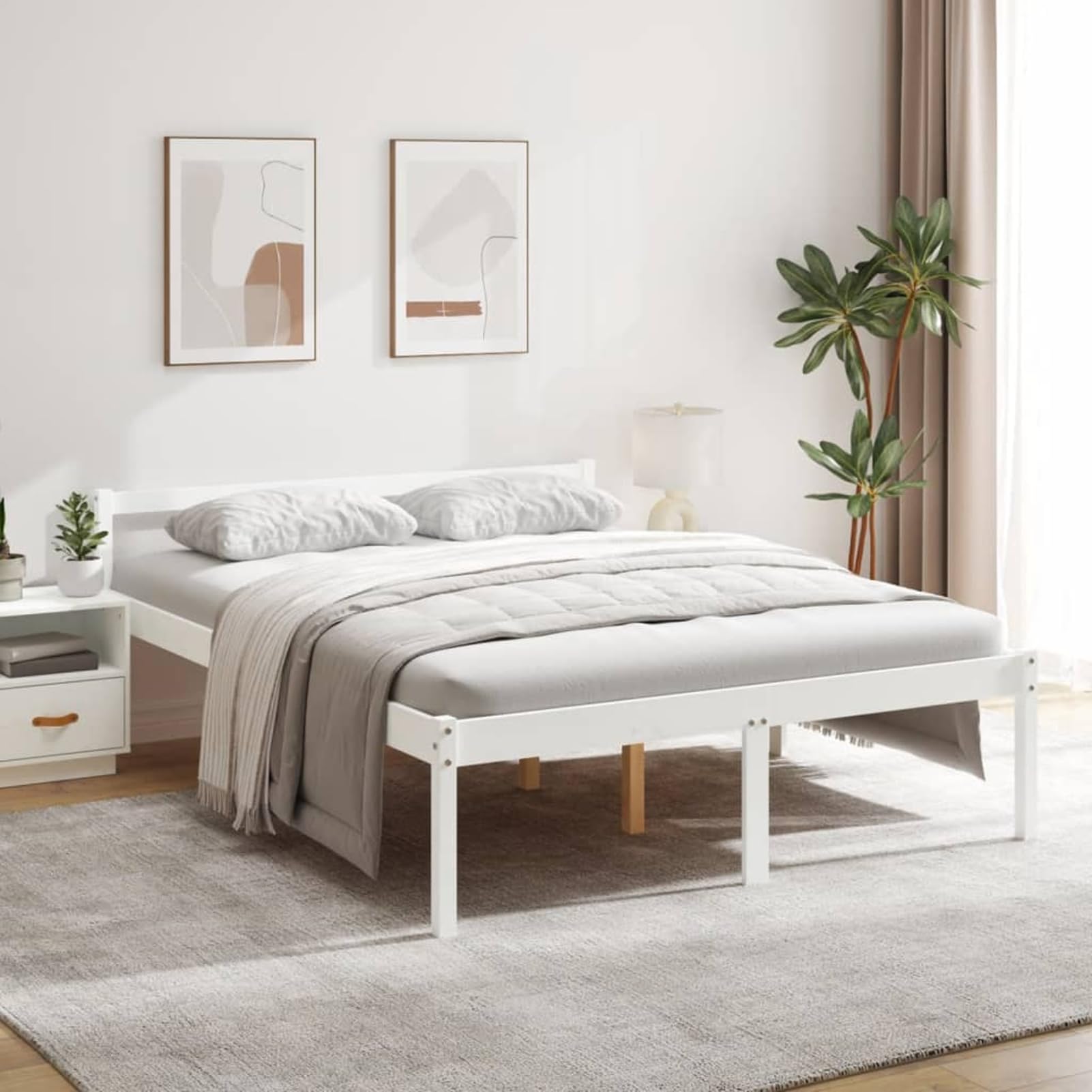 ATOMSTACK MAKER Cama para Mayores de Madera Maciza de Pino Blanco 160x200 cm, Altura Ergonómica de 45 cm, Espacio de Almacenamiento Inferior de 35 cm, Con Somier Integrado y Cabecero Clásico