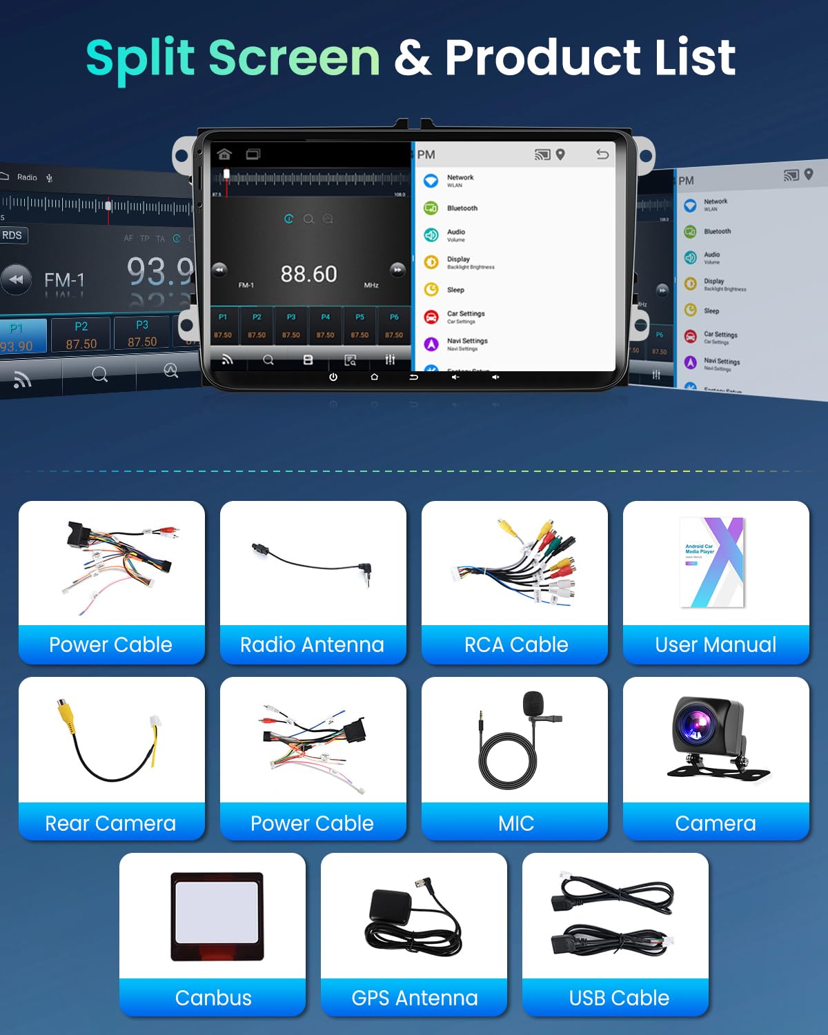 4G+64G Wireless Carplay Android Autoradio für VW Golf 5 6 Passat Polo Tiguan Touran Caddy Skoda SEAT 9 Zoll Autoradio mit Android Auto GPS Navi WiFi Mirror Link Bluetooth FM/RDS/DAB/SWC Rückfahrkamera