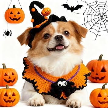 Halloween Pet Costume,Spider & Black Witch Hat for Cats and Small Sized Dogs,Hand-Knit Festive Halloween-Themed Cat Apparel,Dog Halloween Outfits,Cat Witch Costume