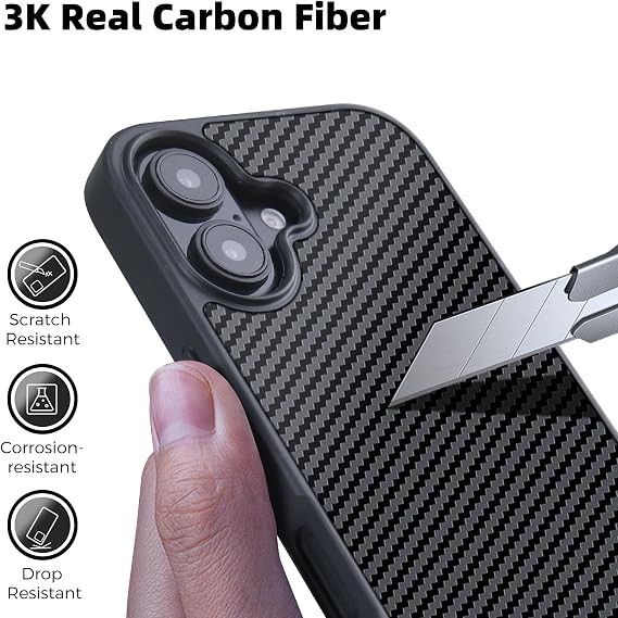 MONOCARBON リアル3Kカーボンファイバーケース iPhone 16 Plus用 ミリタリーグレード 6.7インチ 落下防止 ハードカバー MagSafe対応 高耐久ケース カメラ保護&ラップエッジ付き