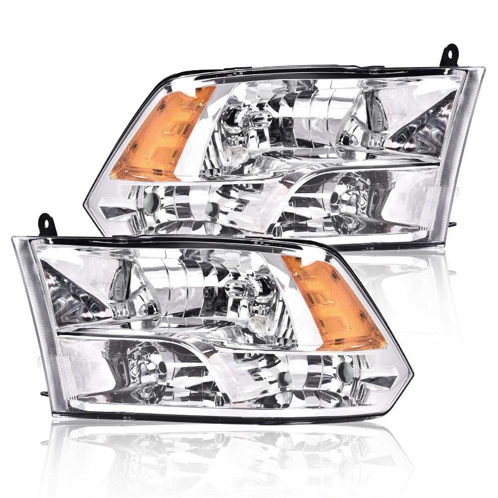 GRAND ORANGE Headlights Assembly Compatible with 2009-2012 Dodge Ram 1500 2500 3500 Clear lens Chrome Housing Amber Reflector CH2503217