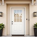 QUAWIP 36x80 Fiberglass Entry Door with Brickmould - 4-9/16 in Vinyl Frame, 9-Lite Low-E Glass, Primed White Oak Grain, Right Hand Inswing, Front Entrance Door