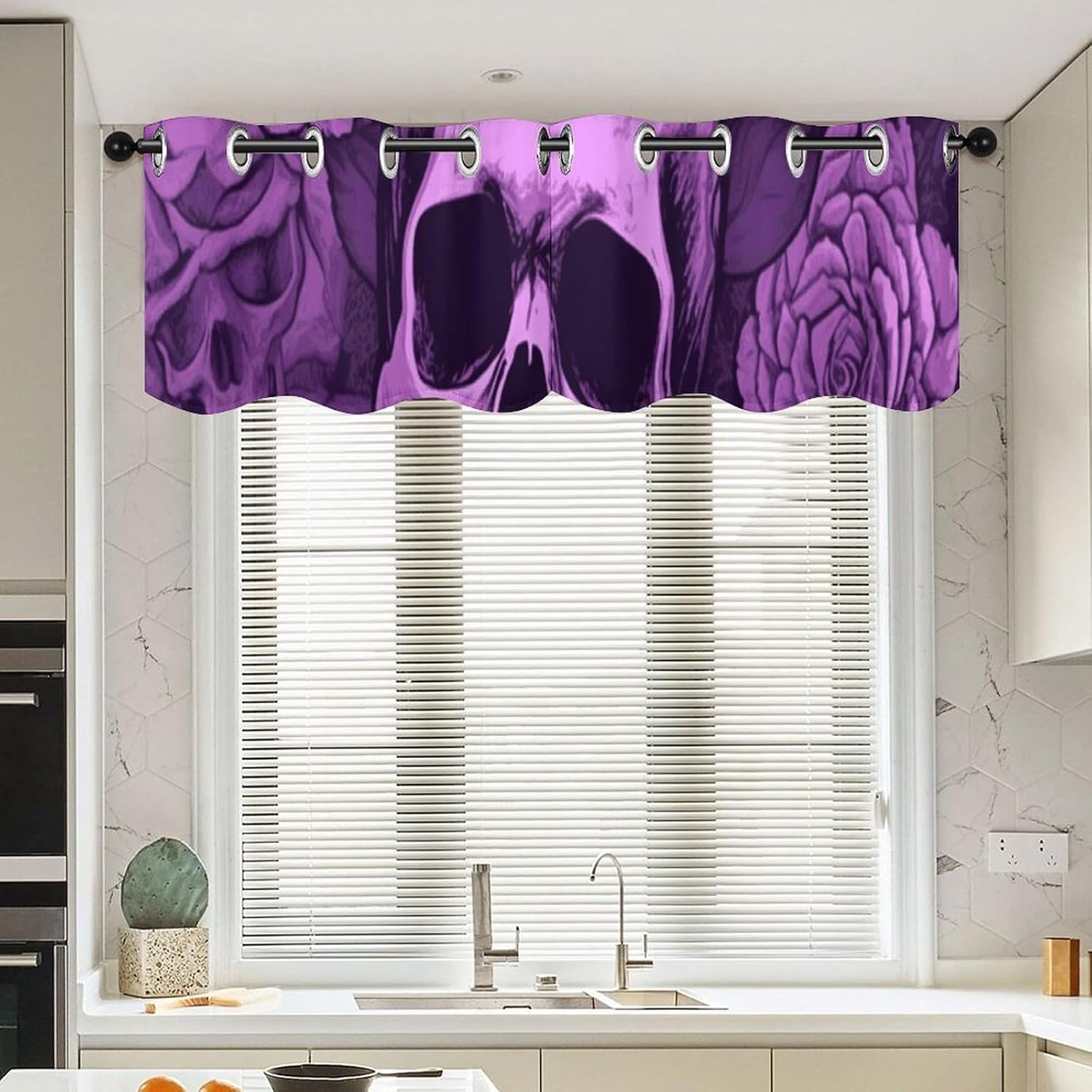 Purple Skulls and Roses Valances for Window 2 Panels. Light Filtering Curtains Farmhouse Short Small Valance.Modern Curtains for Windows Living Room Kitchen Over Sink.