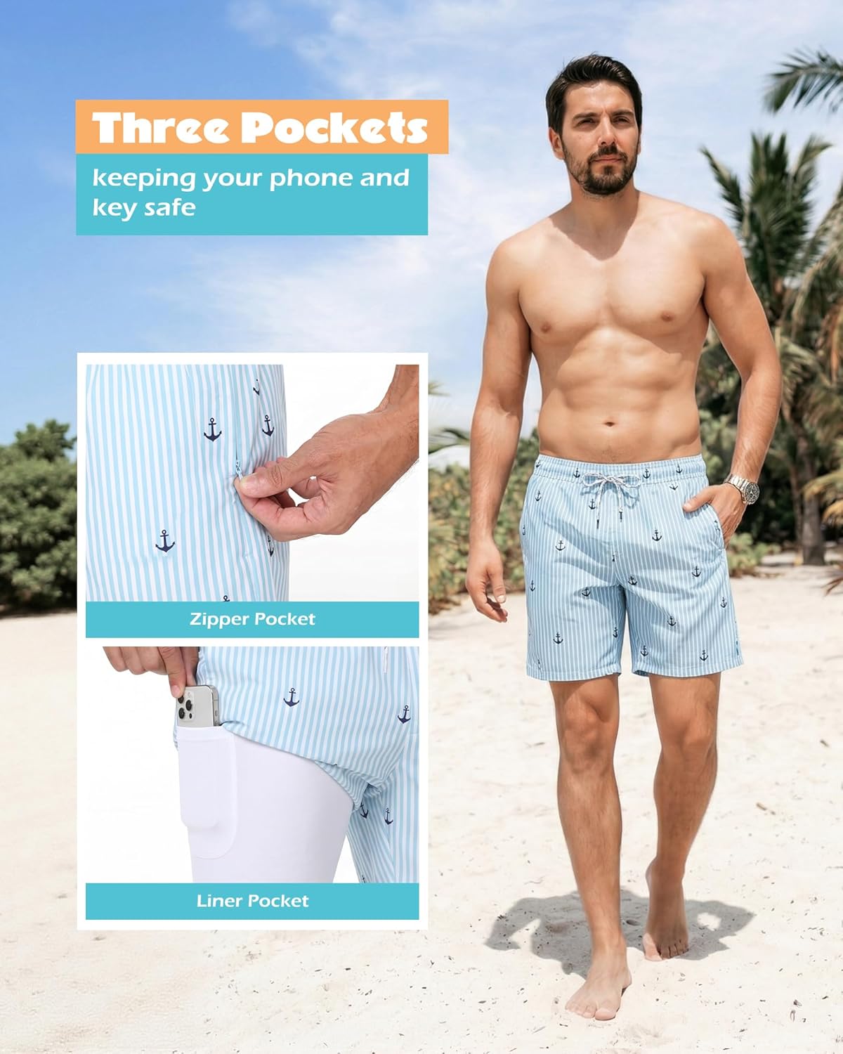 Sixfish Mens Swim Trunks with Compression Liner – 7 Inch 2 in 1 Quick Dry Soft Board Shorts with Zipper Pockets for Beach