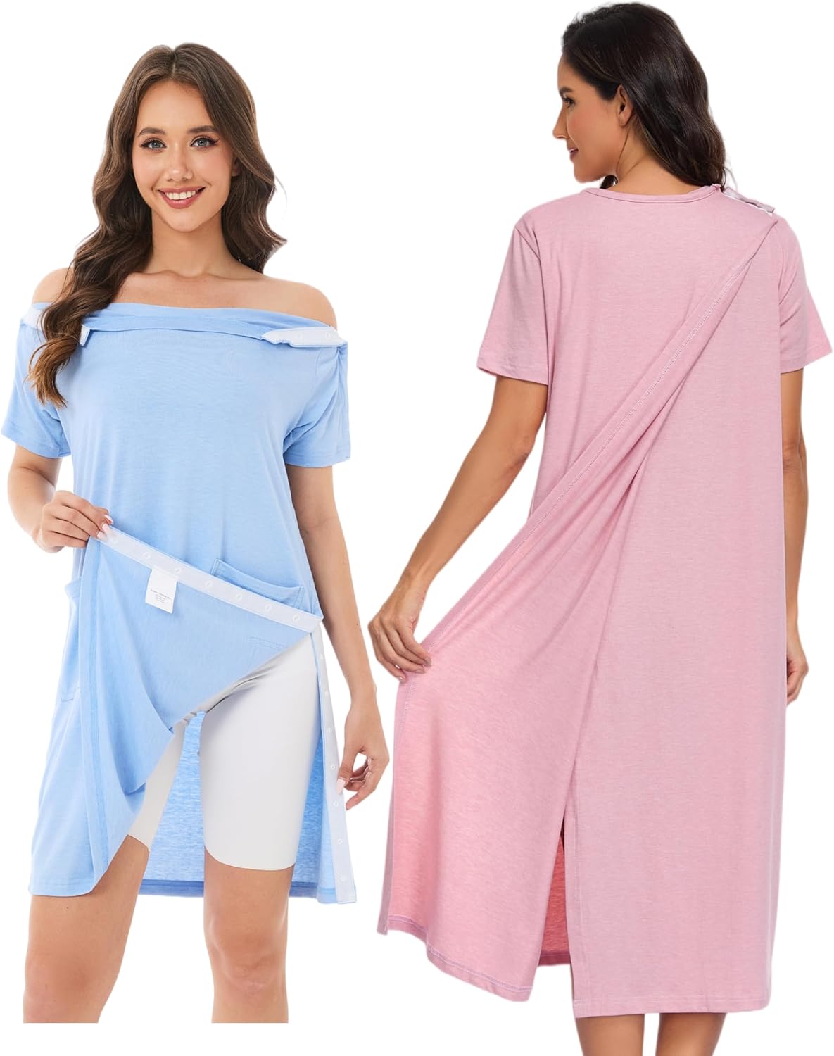 2 Pack Hospital Gowns for Women, Post Shoulder Surgery, Open Back Tear Away Snaps