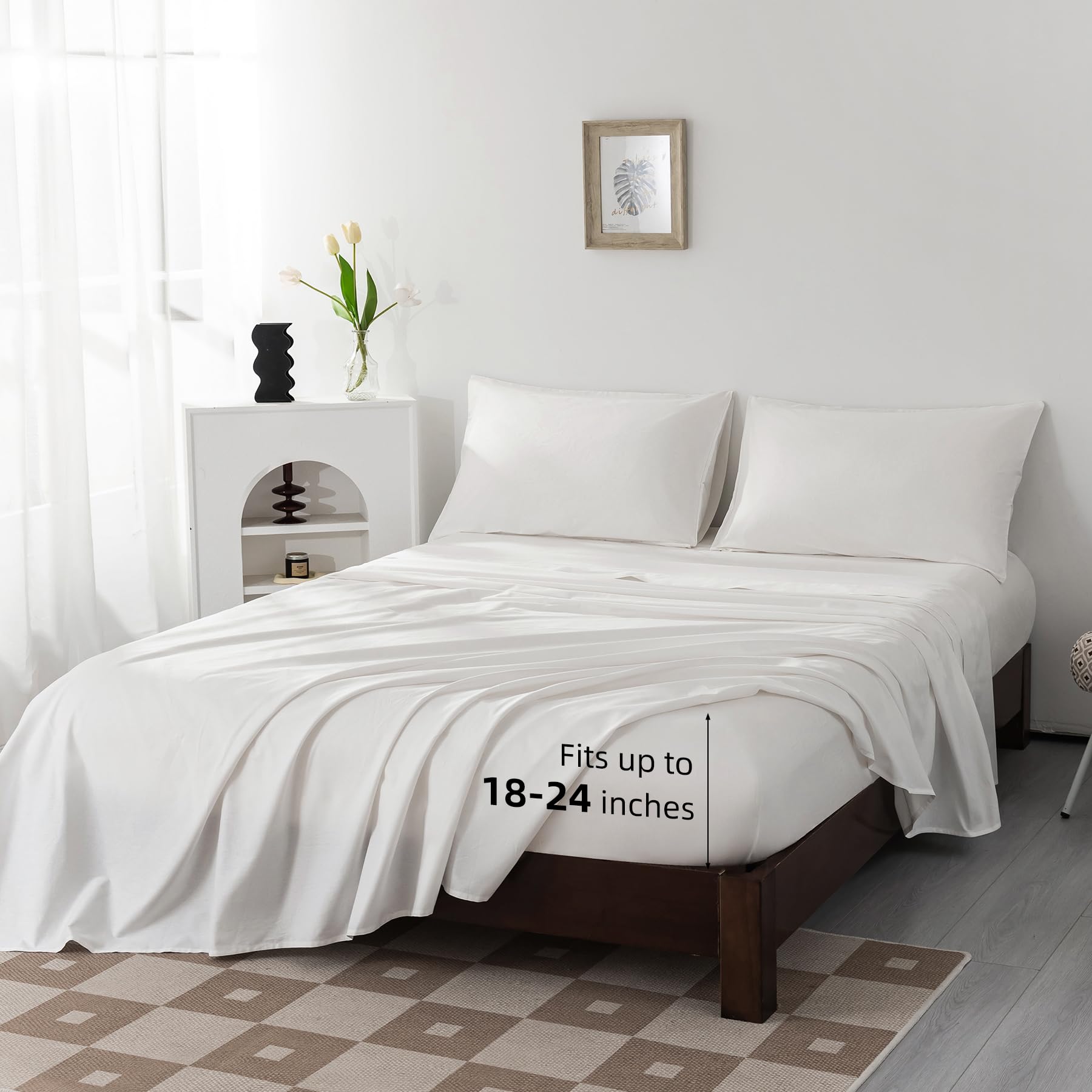 Levoo 100% Egyptian Cotton Sheets Queen Size Set 18"-24" Extra Deep Pocket Queen Sheets Set Soft Breathable Cooling 4Pcs Bed Sheets with 1 Flat Sheet, 1 Fitted Sheet, 2 Pillowcases (Queen, White)