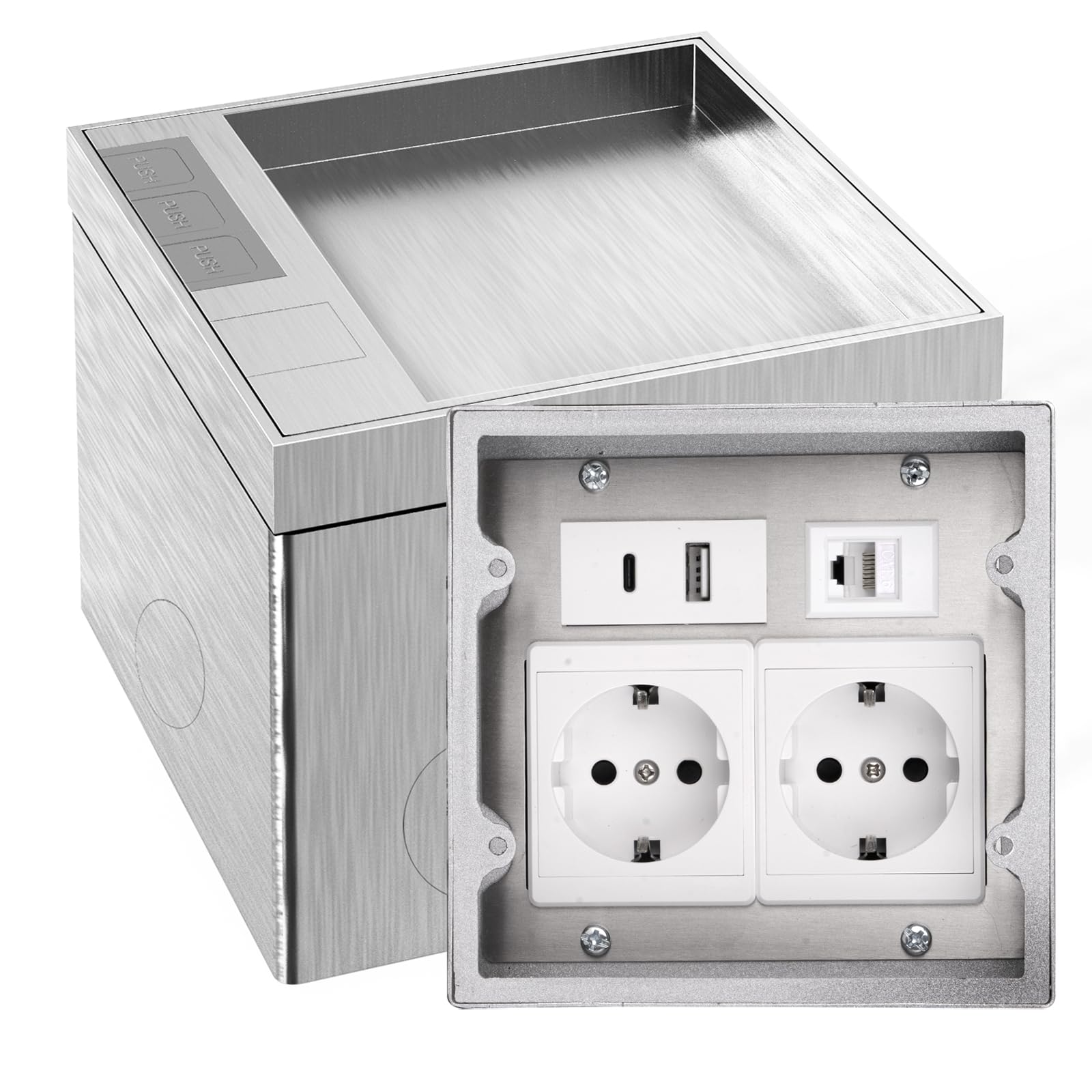 Presa da pavimento per serbatoio da pavimento, in acciaio inox, con 2 AC + 1 USB A+C + 1RJ45, presa a incasso impermeabile, per casa, ufficio/marmo, argento