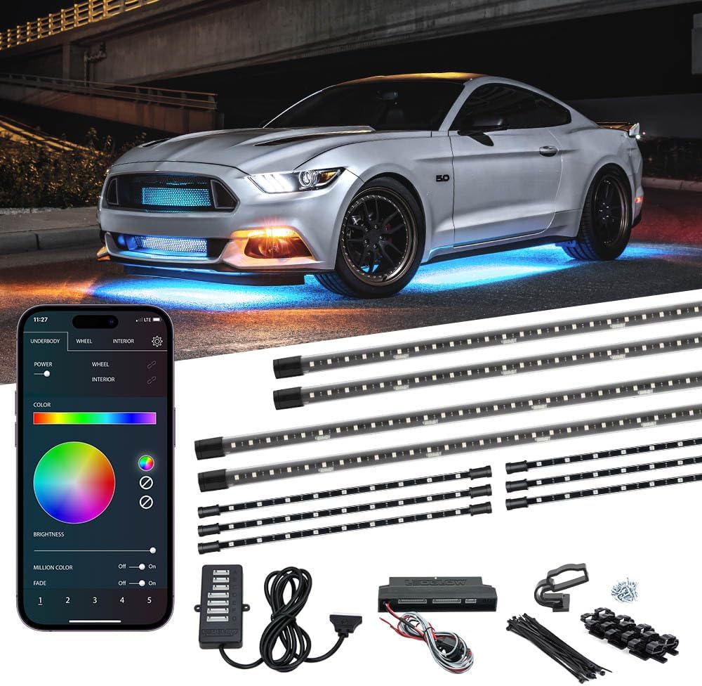 LEDGlow 4pc Bluetooth Million Color LED Underbody Underglow & 6pc Interior Footwell Accent Lighting Kit for Cars - Smartphone App - Courtesy Lights - Create Any Color - Control Box
