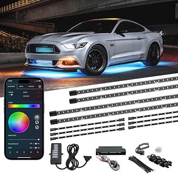 LEDGlow 4pc Bluetooth Million Color LED Underbody Underglow & 6pc Interior Footwell Accent Lighting Kit for Cars - Smartphone App - Courtesy Lights - Create Any Color - Control Box