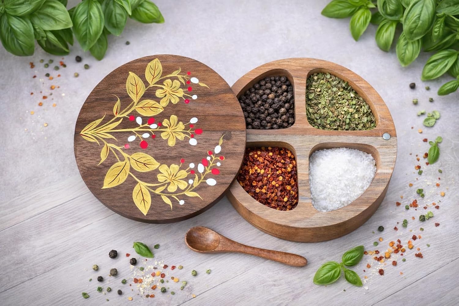 Round Teakwood Spice Box with 4 Compartments, Hand-Painted Lid, Magnetic Sliding Cover, 6 Inch, Includes Wooden Spoon