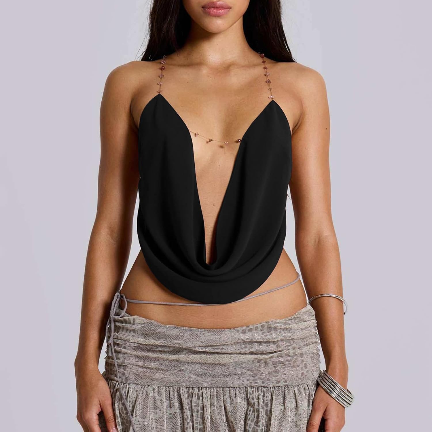 Women Sexy Halter Camisole Deep V Neck Backless Tie Back Sleeveless Cami Crop Top Summer Night Party Club Wear - Image 2