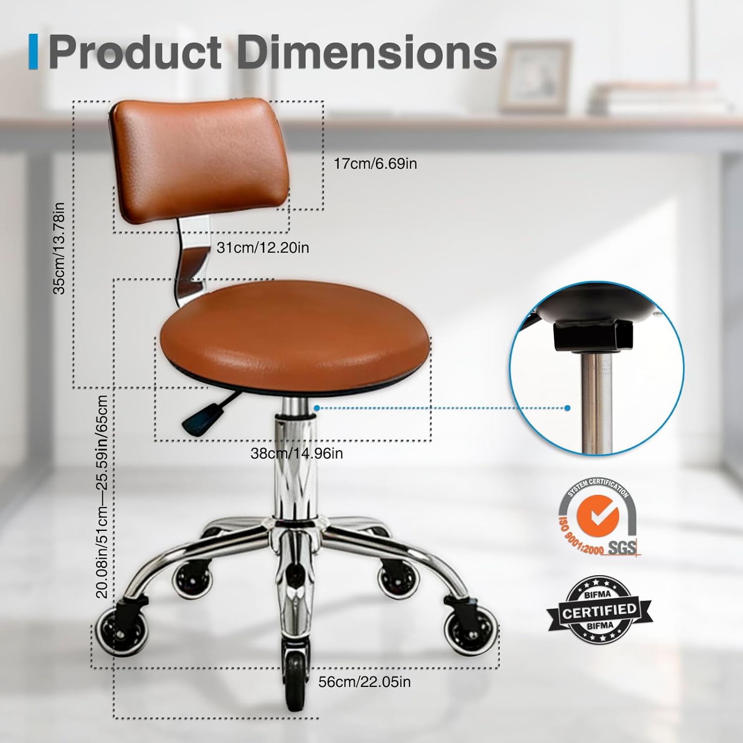 Rolling Stool Chair with Wheels, Office Drafting Chair with Back Support, Height Adjustable Standing Desk Stool with PU Leather Cushion for Home Office Kitchen Vanity Spa Garage Tattoo Dentist(Camel) - Image 9
