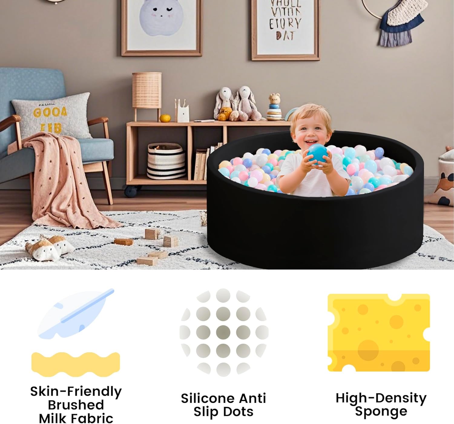 Ball Pit for Toddlers 35.43''x11.81 Baby Ball Pits Soft Memory Foam Ball Pit Round Kids Ball Pit Indoor Game Kids Play Ball Pool Ideal Gift for Girls and Boys (Black, NO Balls)