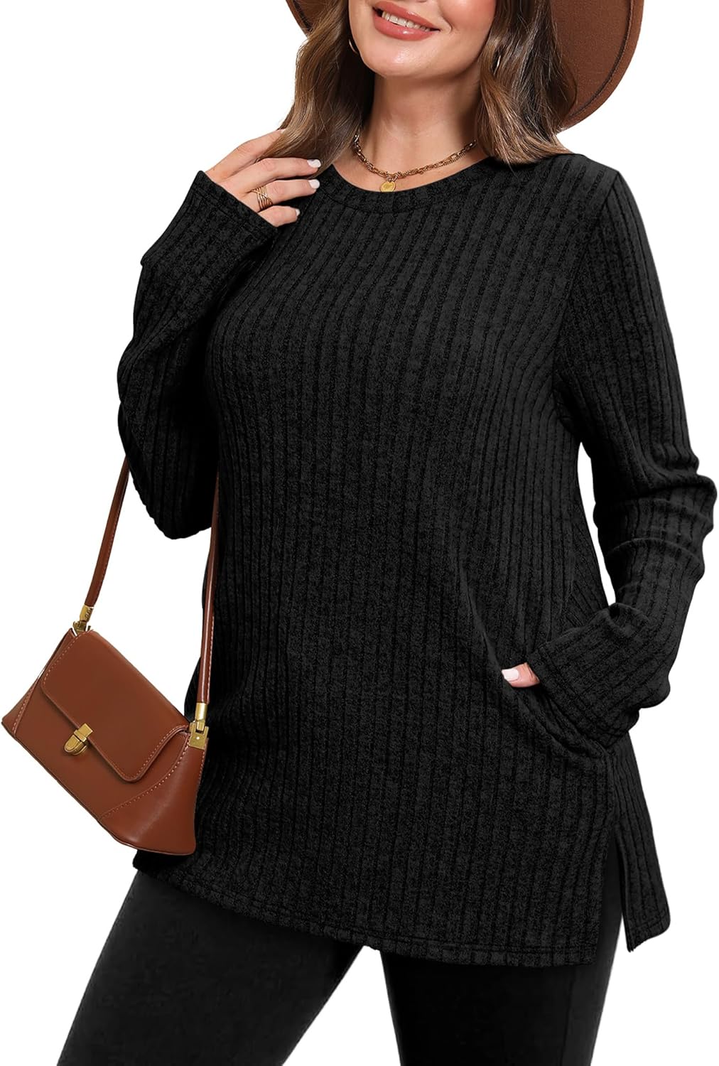 SAMPEEL Womens Sweaters Crewneck Long Sleeve Shirts with Pockets Fall Outfits 2025 Fashion Winter Clothing Side Slit - Image 4