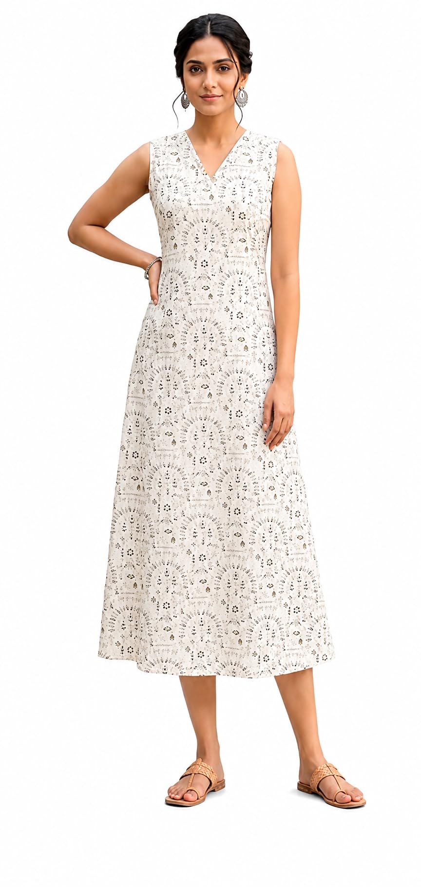 Women's Ikat Print Sleeveless A-Line Midi Dress – Cotton V-Neck Fit & Flare Casual Wear-image-42