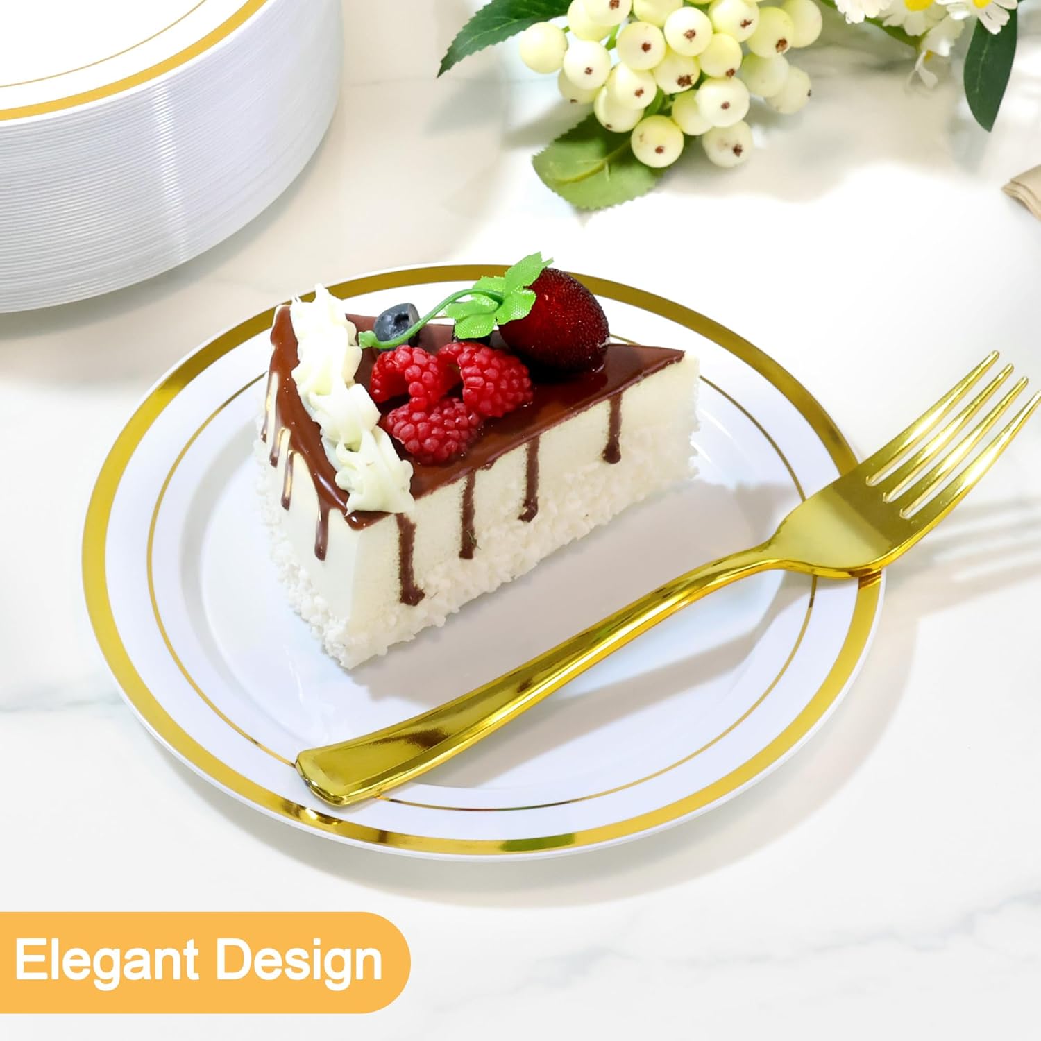 200 PCS Gold Plastic Plates Disposable, White and Gold Plastic Plates Include 100 Dinner Plate and 100 Dessert Plate Perfect for Holiday, Party & Wedding - Image 2