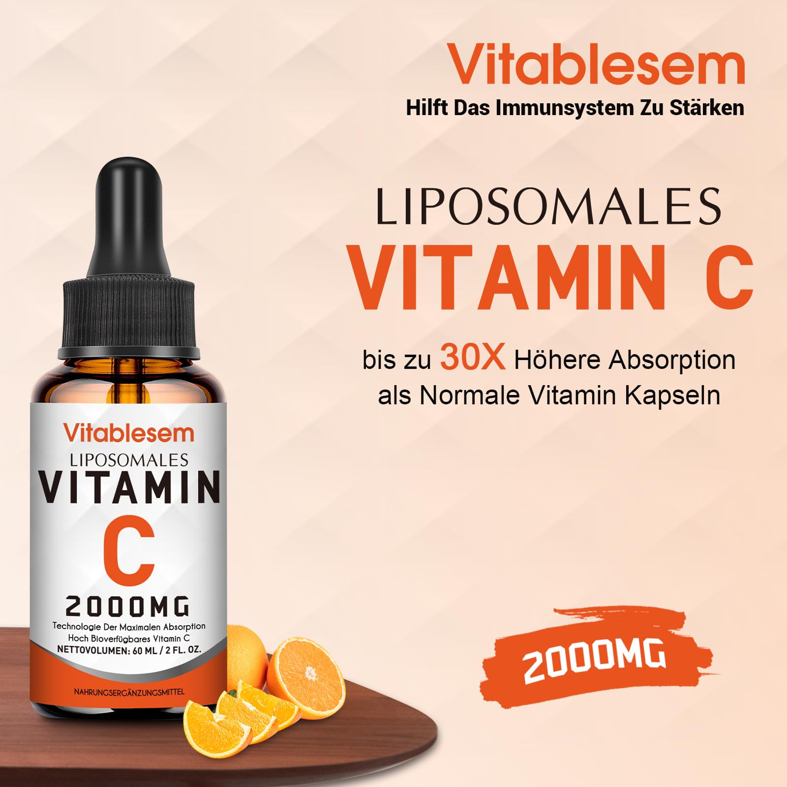 Liposomales Vitamin C Flüssig 2000 mg, Hochdosierte Ascorbinsäure, Maximale Absorption, Hochgradig Bioverfügbar, Sojafrei, Vegan, Gentechnikfrei