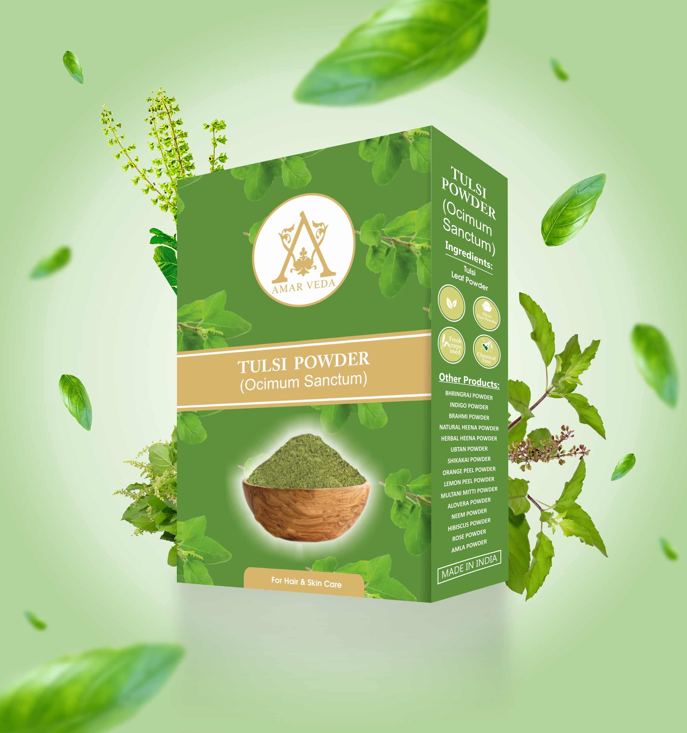 Amar Veda Tulsi Powder | Ocimum Sanctum | 100% Natural | Helps with Acne Problems|Used for Hair & Skin Care| Treats Hair Loss| Reduces Open Pores