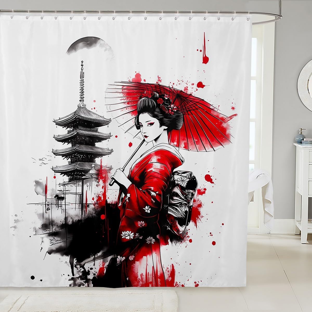 jejeloiu Kids Japanese Wave Shower Curtain Cherry Blossom Print Bath Curtain Boys Girls Sea Waves Bathroom Accessories Teens Bedroom Decor