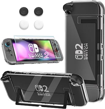 GLDRAM Case for Nintendo Switch 2 2025, Hard Shell PC Accessories with Dockable Clear Protective Cover Skin, 9H Screen Protector & 4 Thumb Grips for Switch 2 Console & Joycon - Crystal