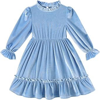 JEELLIGULAR Toddler Girls Long Sleeve Velvet Vintage Dresses for Littler Kids Fall Winter Clothes Outfits3-4T,Ice Blue