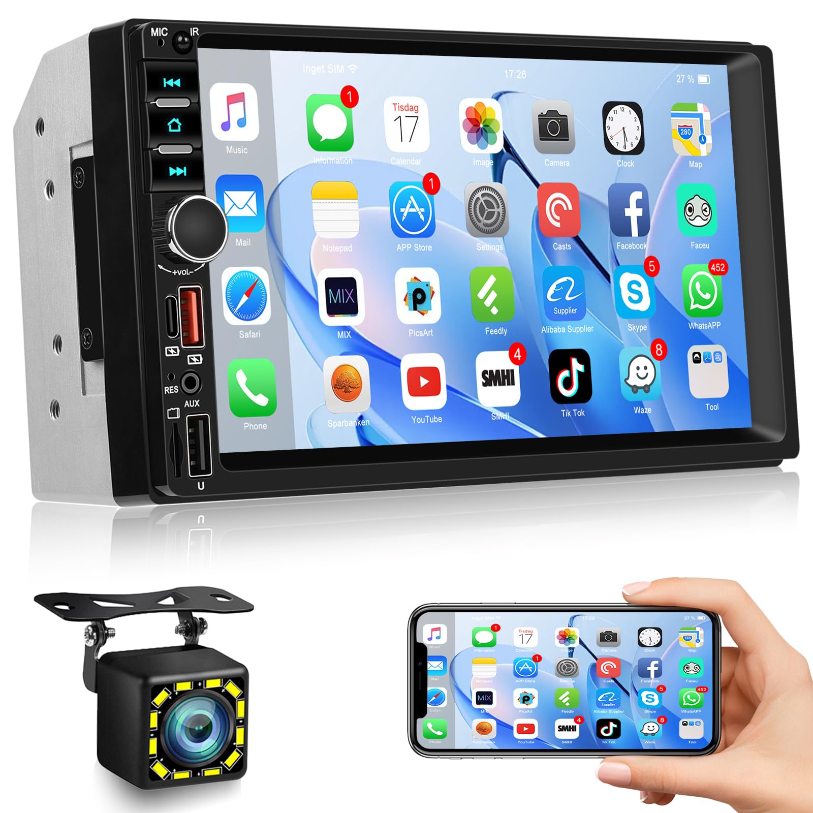 NHOPEEW Autoradio Bluetooth 2 Din con touch screen da 7 pollici, autoradio Mirror Link con telecamera di retromarcia FM EQ Comandi al volante Doppia porta USB Scheda TF Tipo C AUX Luci a 7 colori