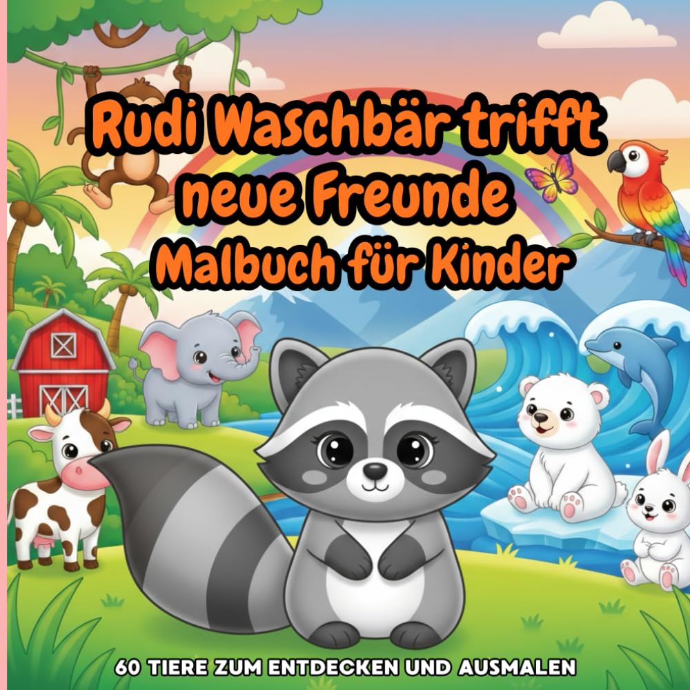 Rudi Waschbär trifft neue Freunde - Malbuch für Kinder - 60 Tiere zum Entdecken und Ausmalen