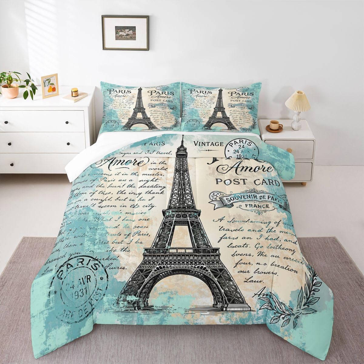 Feelyou Eiffel Tower Comforter Girls Women Bedding Set Queen Size