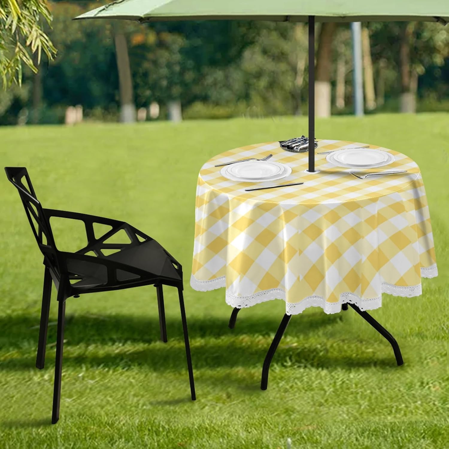 Yellow White Gingham Check Outdoor Tablecloth Cross Plaid Pattern Round Tablecloths with Umbrella Hole and Zipper Circular Patio Table Cloths Covers for Backyard BBQ Picnic 60 Inch