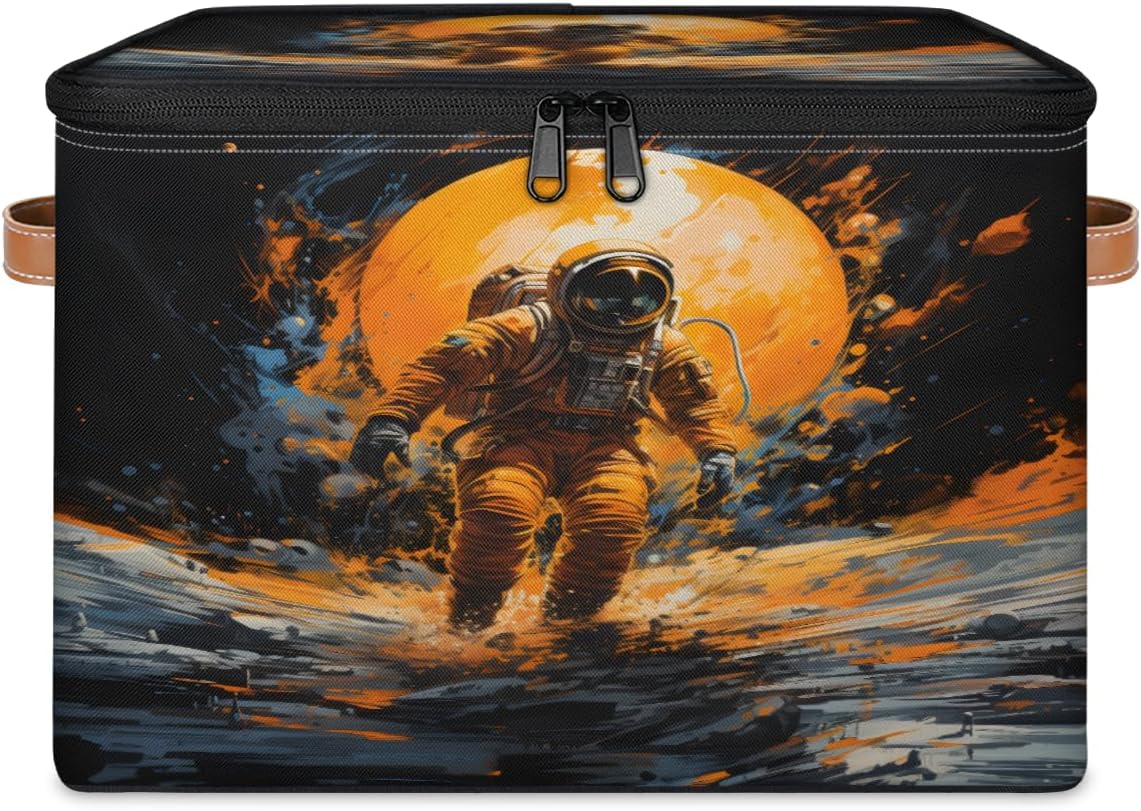 Storage Bin Set of 2 Space Astronaut Storage Basket with Zipper Lid & Handle Foldable Closet Shelf 2 Pack Cloth Organizer Basket Cube Bins Clothes Organizer for Nursery, Bedroom