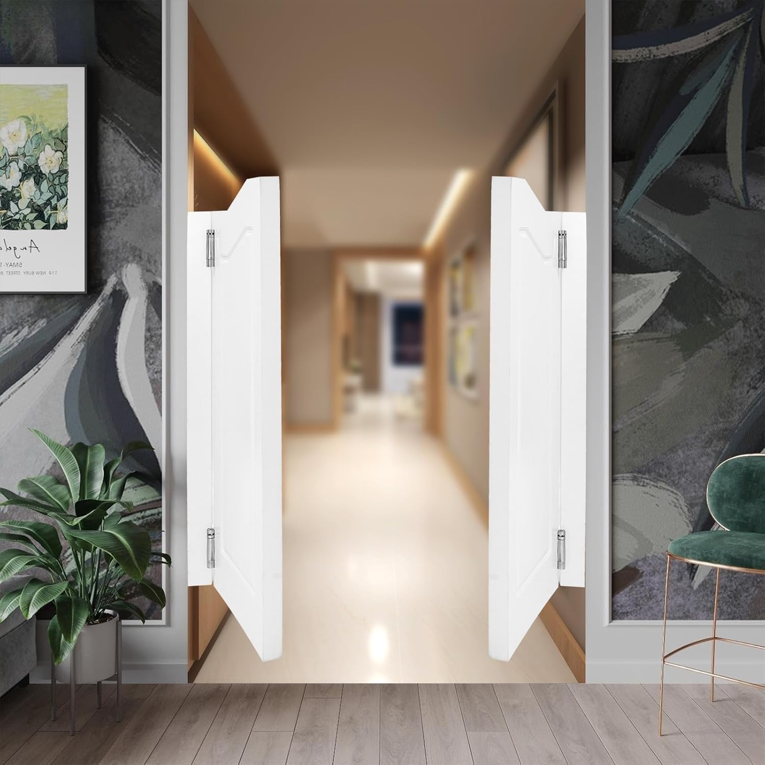 Swinging Doors, Solid Wood Cafe Saloon Door with Hinges, Interior Swing Door, 180°Auto Close Waist Height Two-Way Doors for Kitchen Bar Pub Hallway Shop Entrance Partition (White, 31.89 * 41.93in)