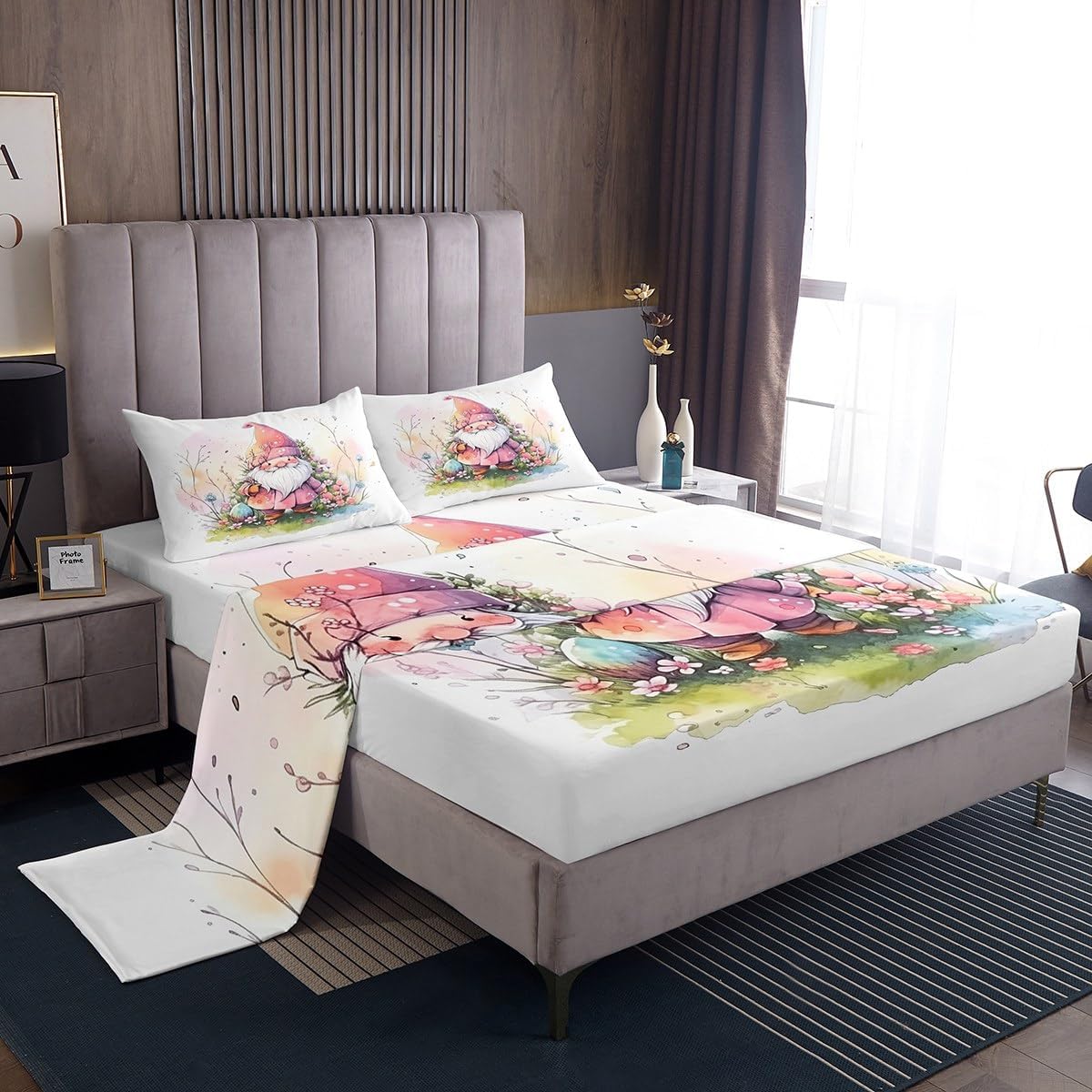 Erosebridal Pink Gnome Sheets Spring Decorations for Home, Colorful Flowers Easter Decor Sheet Set Watercolor Floral Bed Sheets Set Soft Kawaii Fitted Sheet + Top Sheet +2 Pillow Cases, Queen