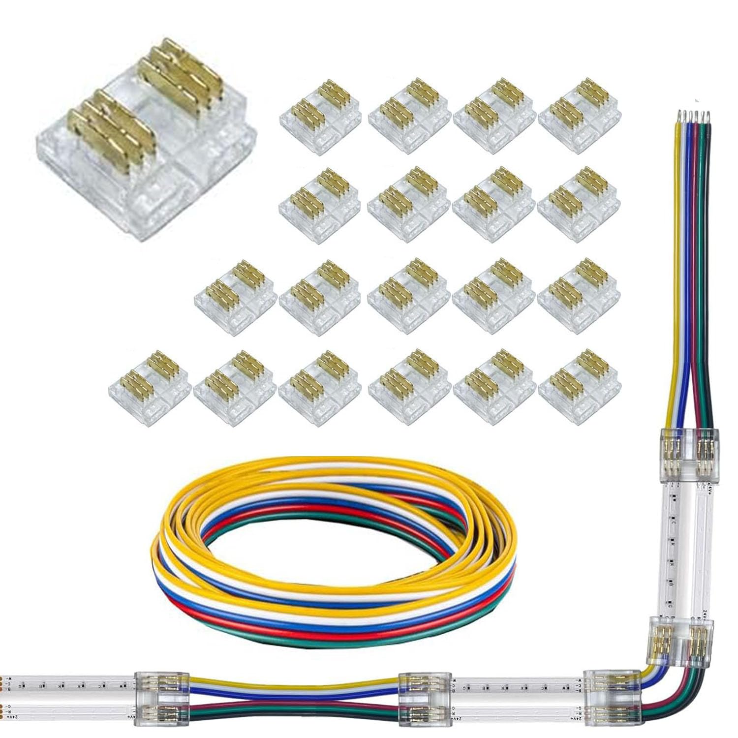 20pcs 6pin COB LED Strip Light Connector kit 6-pin 12mm/0.47in Gapless Solderless Connector,3m 24AWG Extension Wires for RGBW COB LED Strip Lights (6p-12mm-20pcs+3m)