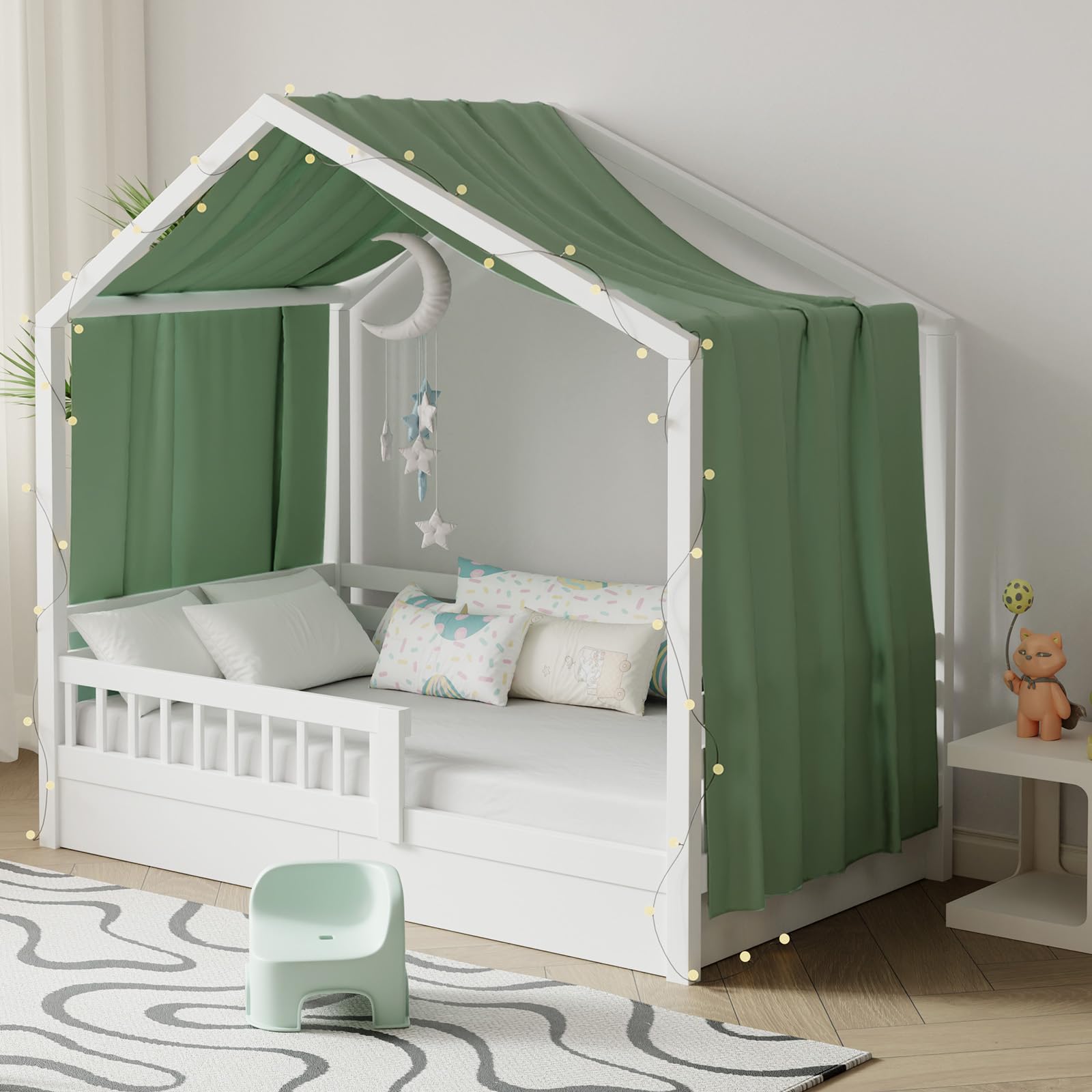 Pacok Hausbett Himmel mit Lichterkette 1 Stück Deko Baldachin Hausbett Vorhang,Betthimmel Musselin Stoffhimmel Hausbett für Mädchen Jungen Kinderbett,135 x 420 cm Grün