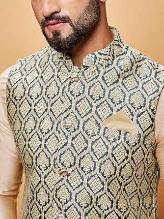 KISAH Men's Nehru Jacket, Blue Silk Blend, Woven Design Regular Fit Mandarin Collar Sleeveless