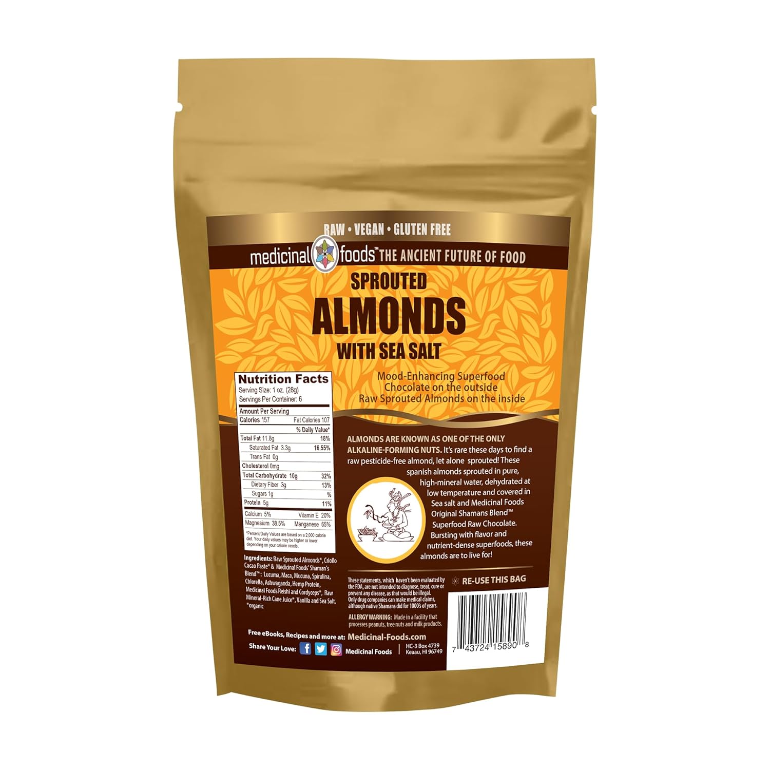 Medicinal Foods Chocolate Covered Almonds | Organic Raw Vegan Sprouted Superfood Snack | Nutrient-Rich Energy Boost | 6 oz