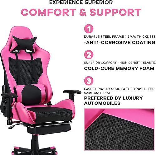 Miniatura 8 de POWERSTONE Silla de juegos - Silla de jugador rosa con reposapiés, silla de computadora de deportes electrónicos de carreras, silla de masaje lumbar