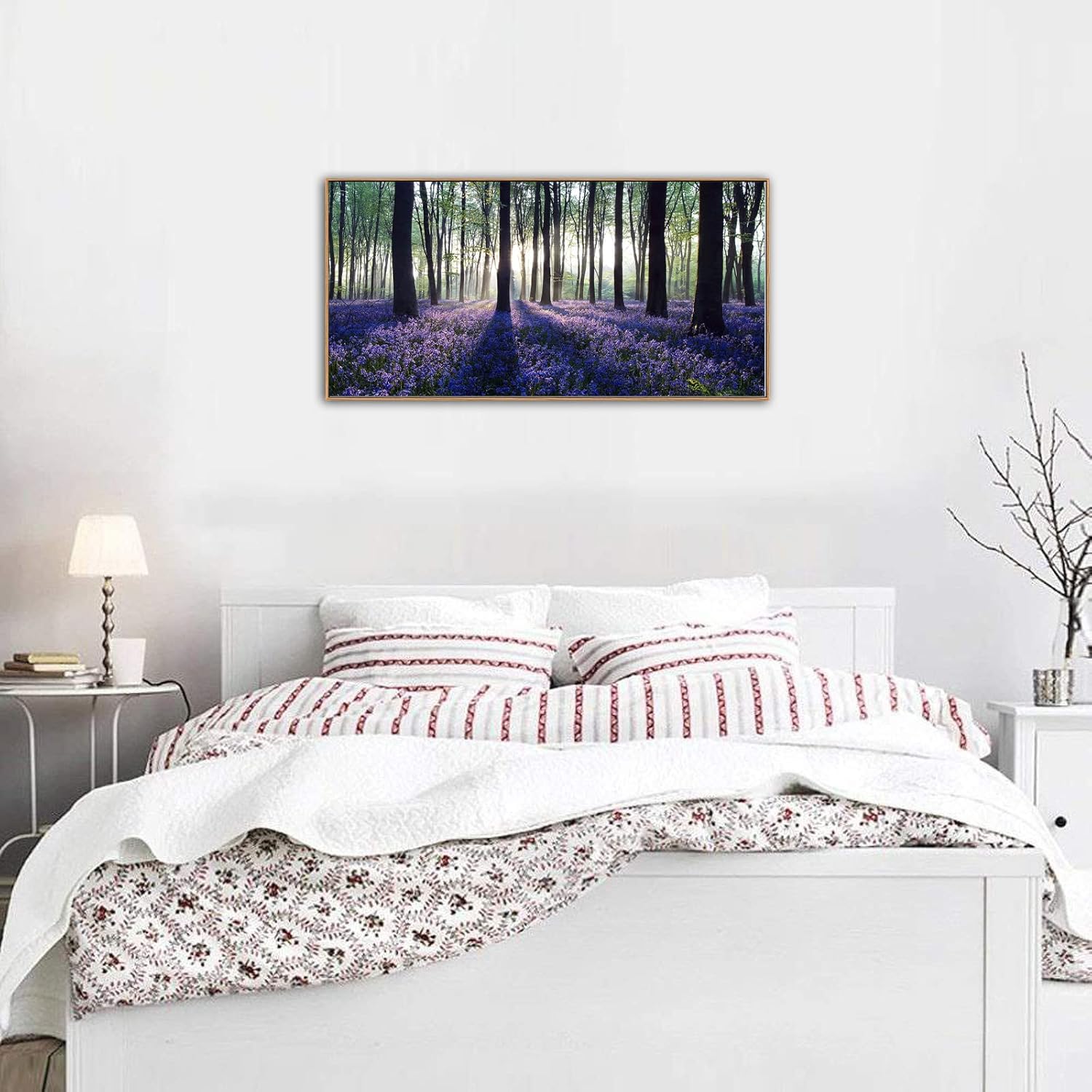 yearainn Framed Lavender Forest Wall Art – Purple Lavender Field with Sunlight through Trees Canvas Picture, Nature Landscape Painting Artwork for Home Wall Decor, Natural Wood Frame, 24" x 48"