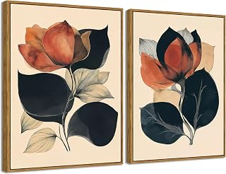 YD&YZY Abstract Orange Black Flower Wall Art 2PCS 16x12 inch Framed | Modern Minimalist Wall Decor, Orange and Black Flower Print Set, Boho Art for Living Room Bedroom