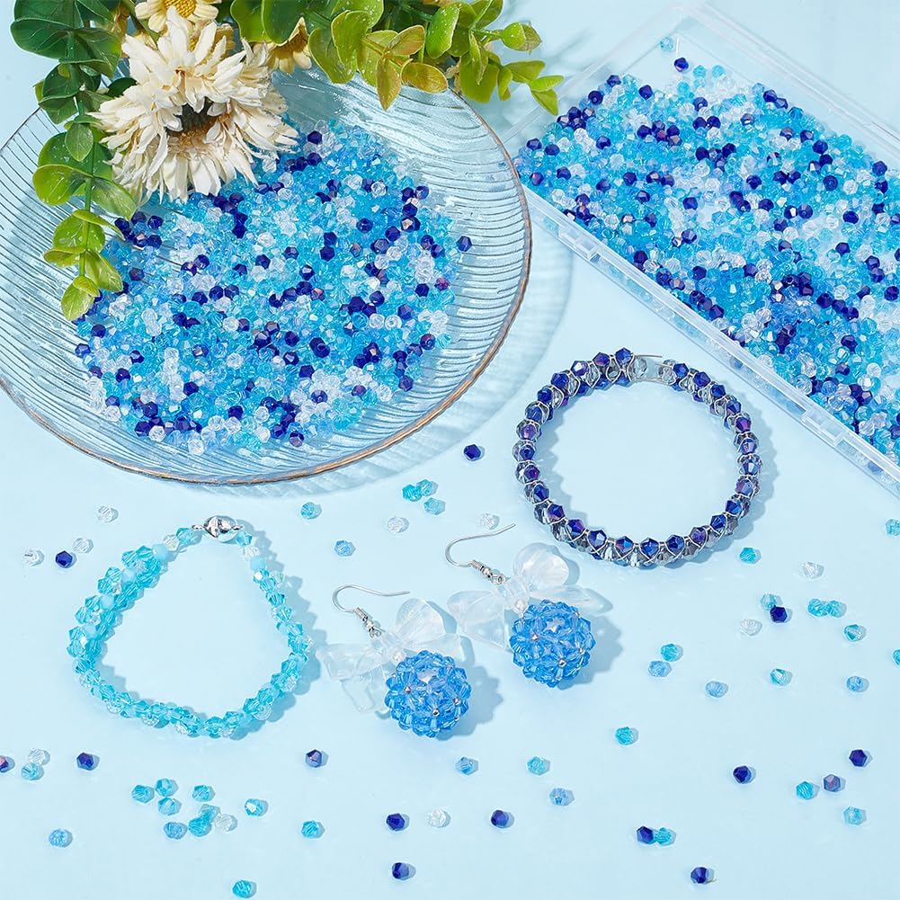 1 Box 2000Pcs 5 Colors Blue Faceted Glass Beads Glass Bicone Beads Bulk 4mm AB Color Mixed Sapphire Holiday Wholesale Crystal Bicone Beads for Jewelry Making Bracelets Necklaces Suncatchers