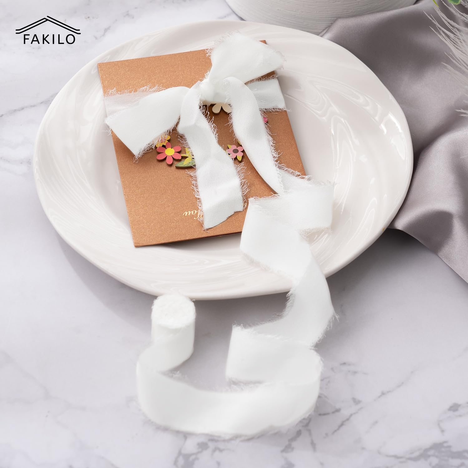 FAKILO Chiffon Ribbon with Frayed Edge, White Ribbon 4 Rolls 1'' X 5 Yd for Wedding Invitations Bridal Bouquets - Image 3