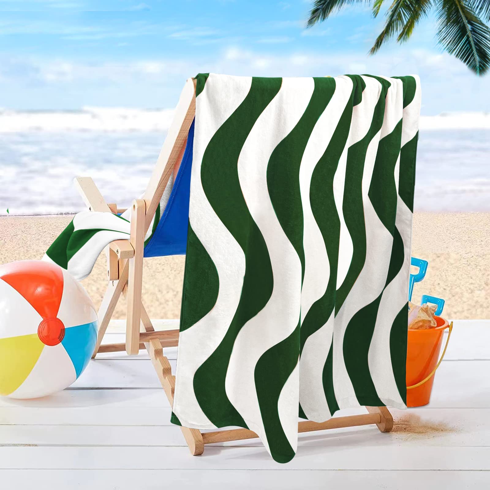 Mocaletto Toalla de playa 100% algodón con banda de toalla (1 paquete), toallas de playa verdes de gran tamaño de 35 x 70 pulgadas para adultos, toallas de algodón grandes suaves y absorbentes, de
