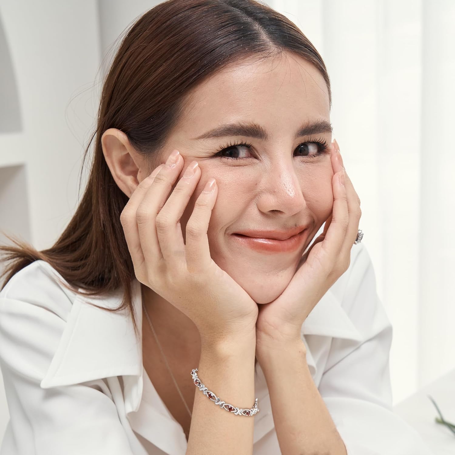 Crossed Lustrous Eyelet Bracelet for Women 925 Sterling Silver Gemstone Bracelet Round 4mm with 1.2mm Cubic Zirconia Bracelet Wrist Jewelry Party Gift, 7 Inch