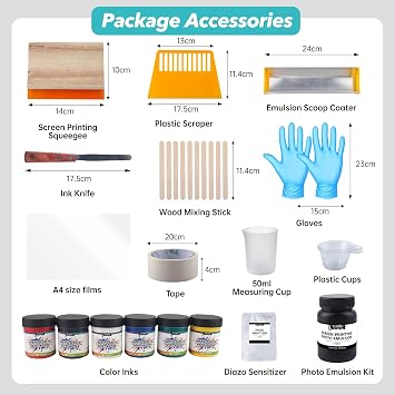 Ecoofor 53Pcs Screen Printing Kit All-in-One Set with 50W UV Exposure Lamp, 3 Size Wooden Screen Printing Frames, 6 Color Screen Printing Inks, 15 A4 Size Inkjet Transparency Films