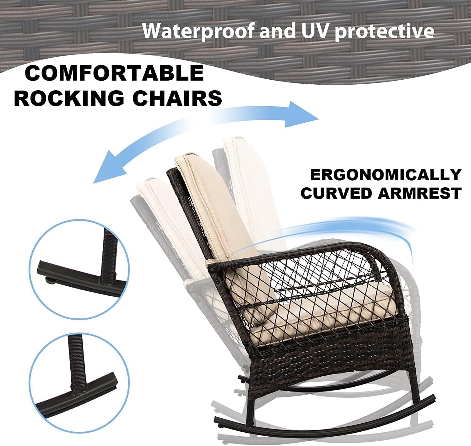 LEVELEVE 3 pcs Rocking Bistro Set Conversation Chairs PE Wicker Outdoor Rocking Chairs