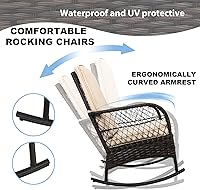 Vista 3 de LEVELEVE Juego de 3 sillas mecedoras de conversación de mimbre PE para exteriores y mesa de cristal para porche césped jardín terraza