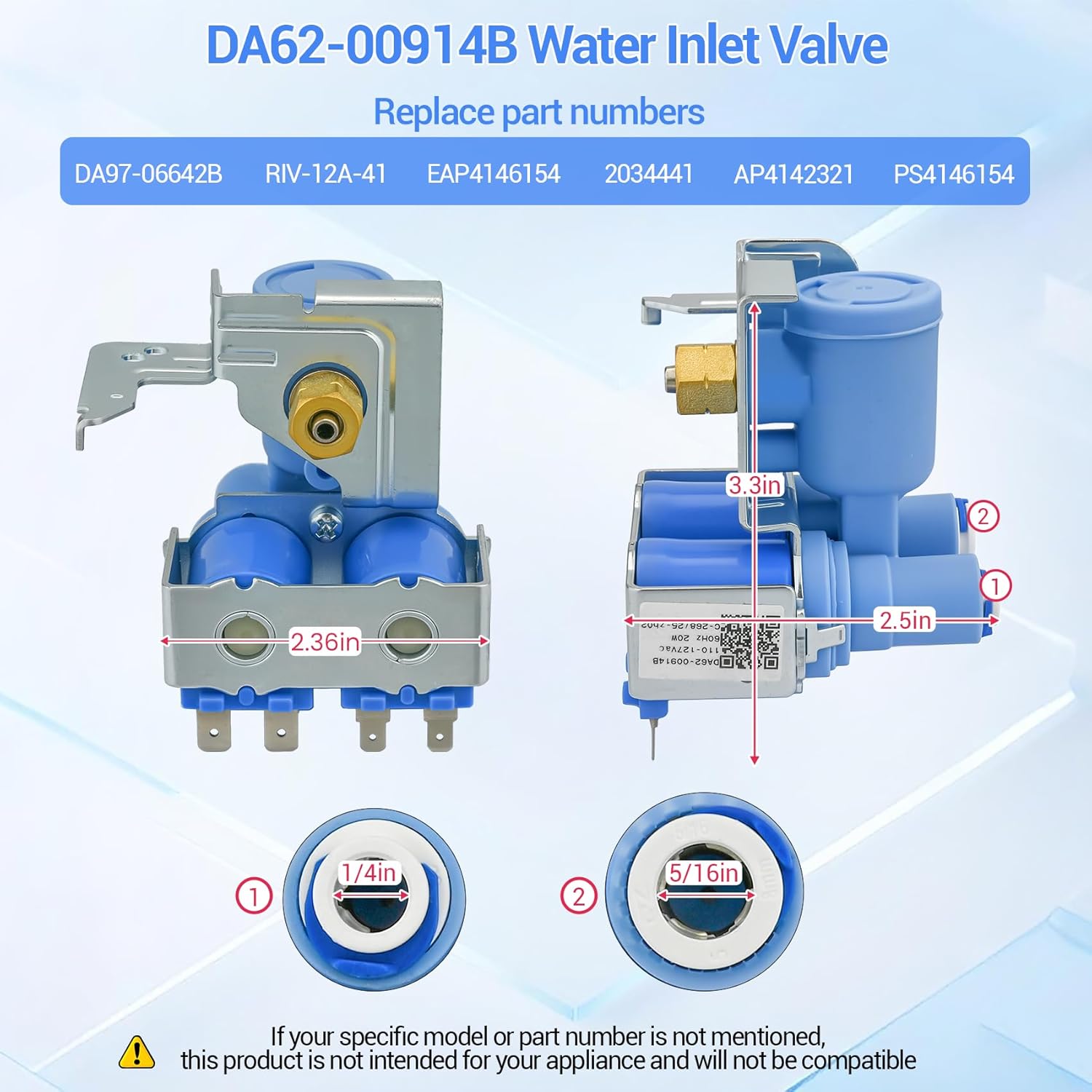 DA62-00914B Water Inlet Valve for Samsung Refrigerator RF266AARS/XAA, RF266AEPN/XAA, RM255LASH/XAA-00, Replaces DA97-06642B, RIV-12A-41, 2034441, AP4142321, PS4146154, One-Year Warranty