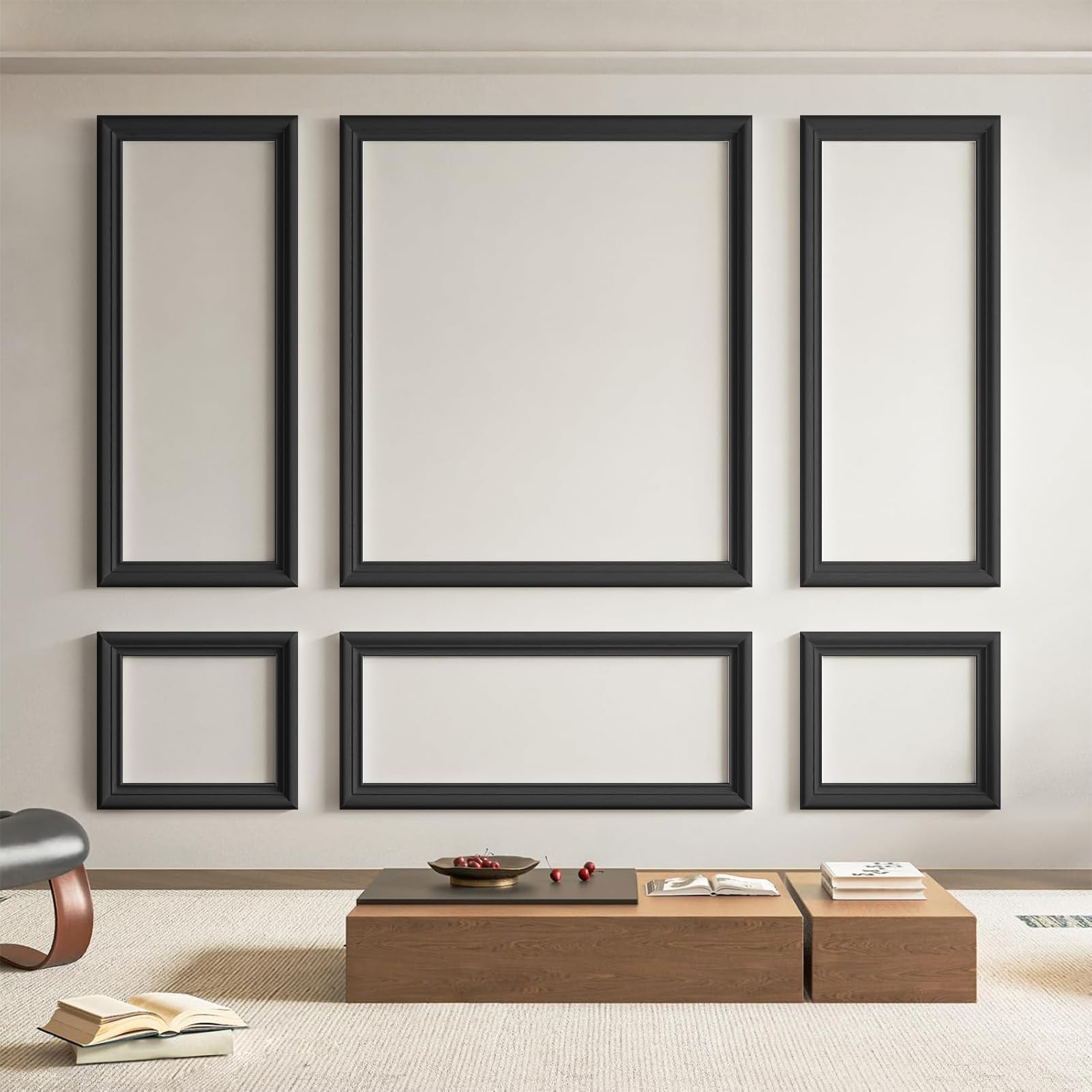 Art3d Pre-Cut Wall Molding Set of 6 pcs, Ready-to-Assemble Wainscoting Panels for Interior Wall Décor Living Room Bedroom Accent Wall - Installed with Glue, 3 Top 3 Bottom, Black