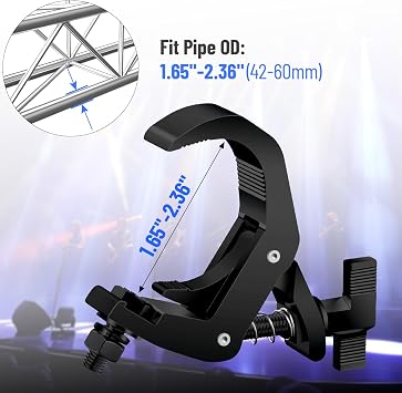 1.65-2.36 Inch Truss Clamp Black 4 Pack, Czgor Heavy Duty 220lb Stage Light Clamp Aluminum lighting C-Clamp Fit OD 42-60mm of Pipes, DJ Light Clamps for Par Light Moving Head Stage Stage lighting