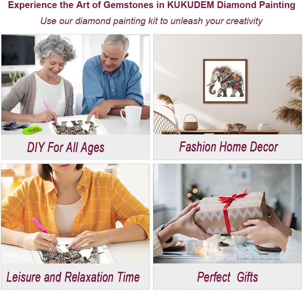 KUKUDEM Elephant Diamond Painting Kits, 5D Special Shape Diamond Art Kits for Adults, Crystal Rhinestones Art Craft for Beginners DIY Home Wall Decor Gift, 12 × 12 inch